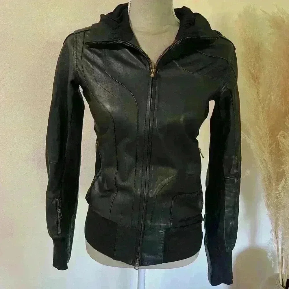 Heathen women’s black leather jacket size S, genuine lamb skin